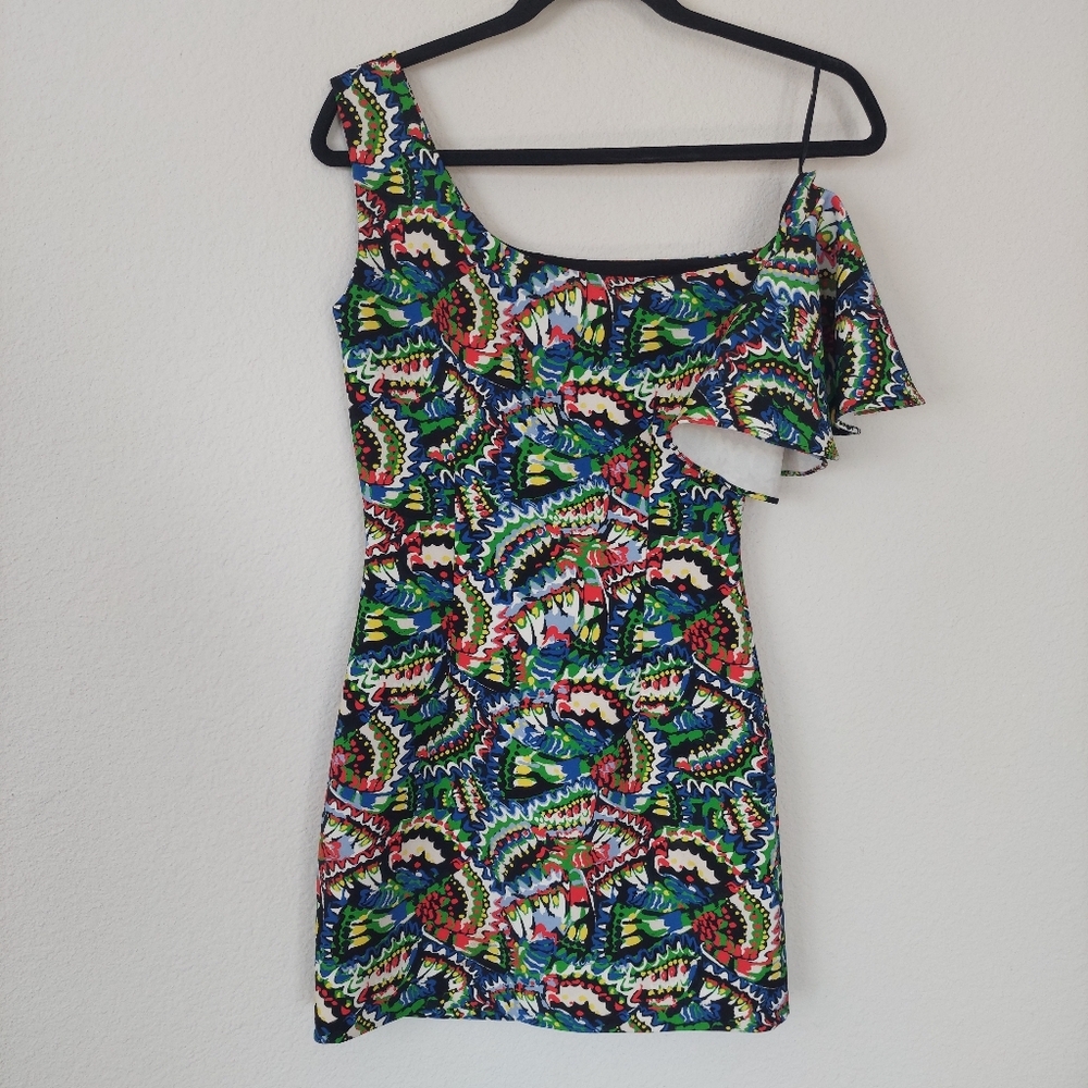 SALONI One Shoulder Ruffled Sleeve Printed Mini Dress Size 0